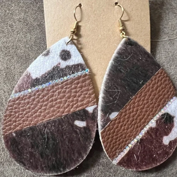 Hair On Hide Faux Leather Jeweled Teardrop Dangle Drop Earrings - Picture 7 of 10